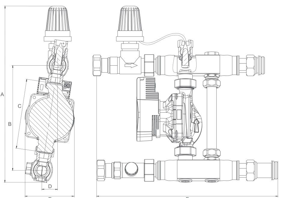 Haustherm karışım devresi seti teknik çizim — ölçülü ön ve yan görünüm