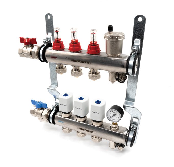 Haustherm debi göstergeli paslanmaz çelik manifold seti — önden